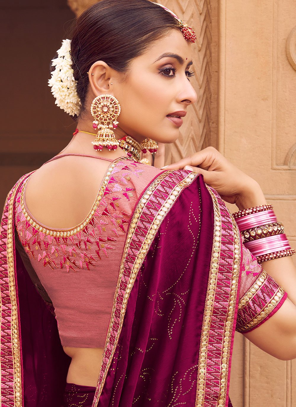 Classic Chiffon Satin Wine Embroidered Saree