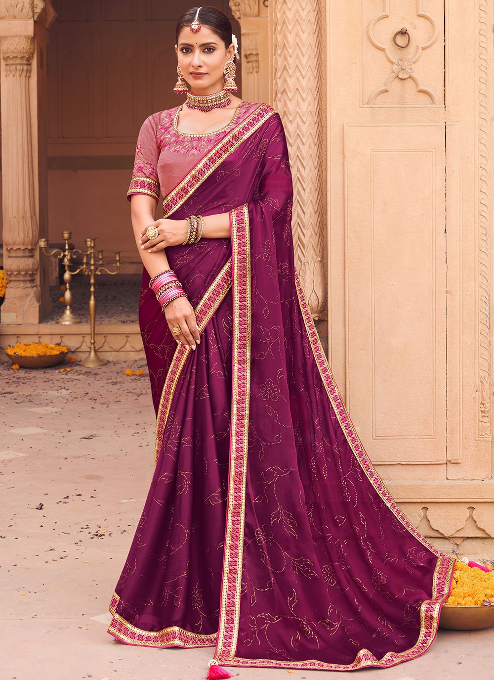 Classic Chiffon Satin Wine Embroidered Saree