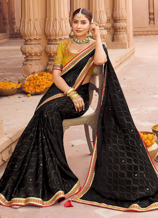 Classic Chiffon Satin Black Embroidered Saree