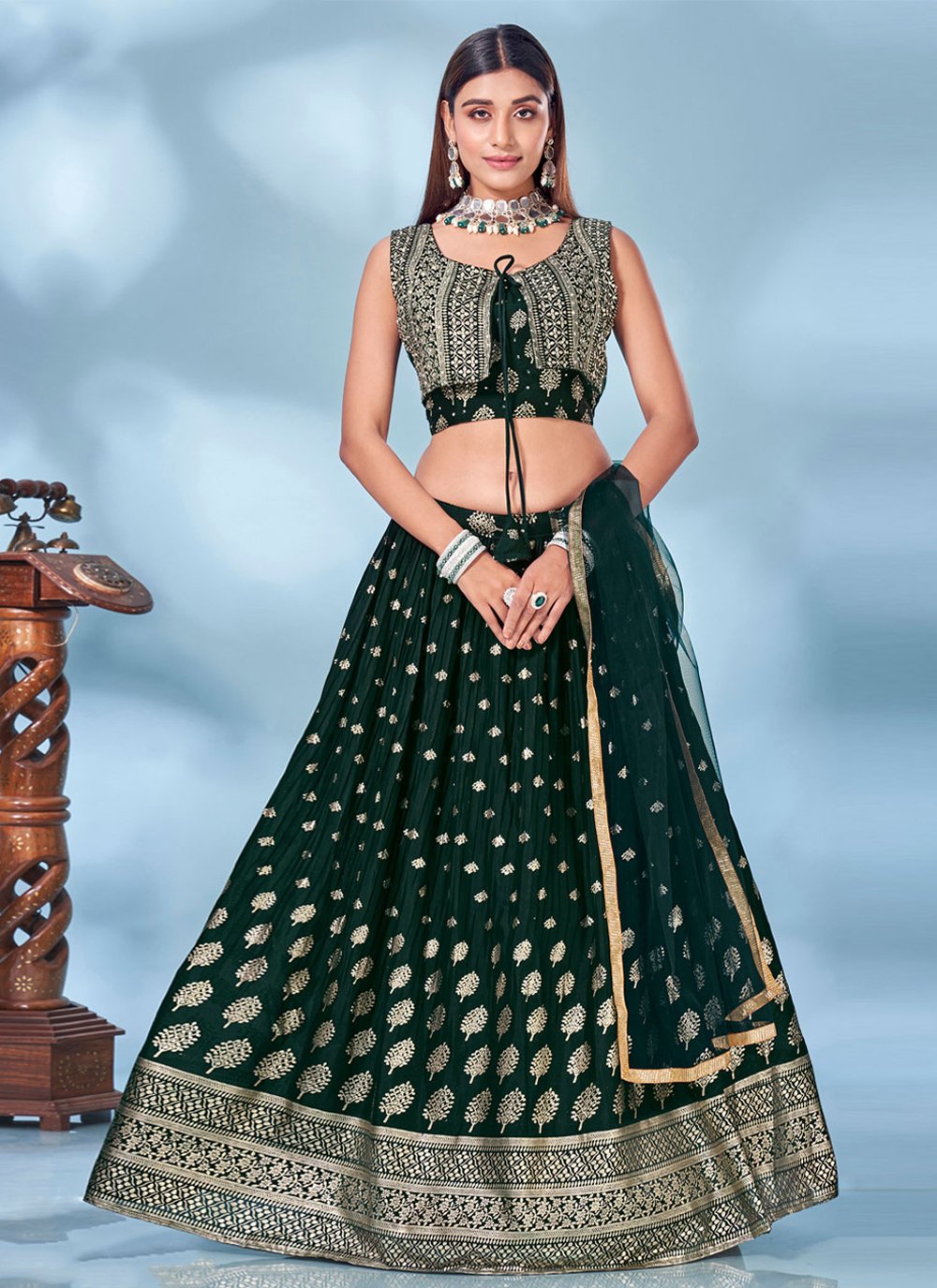 A Line Lehenga Chinon Green Foil Print Lehenga Choli