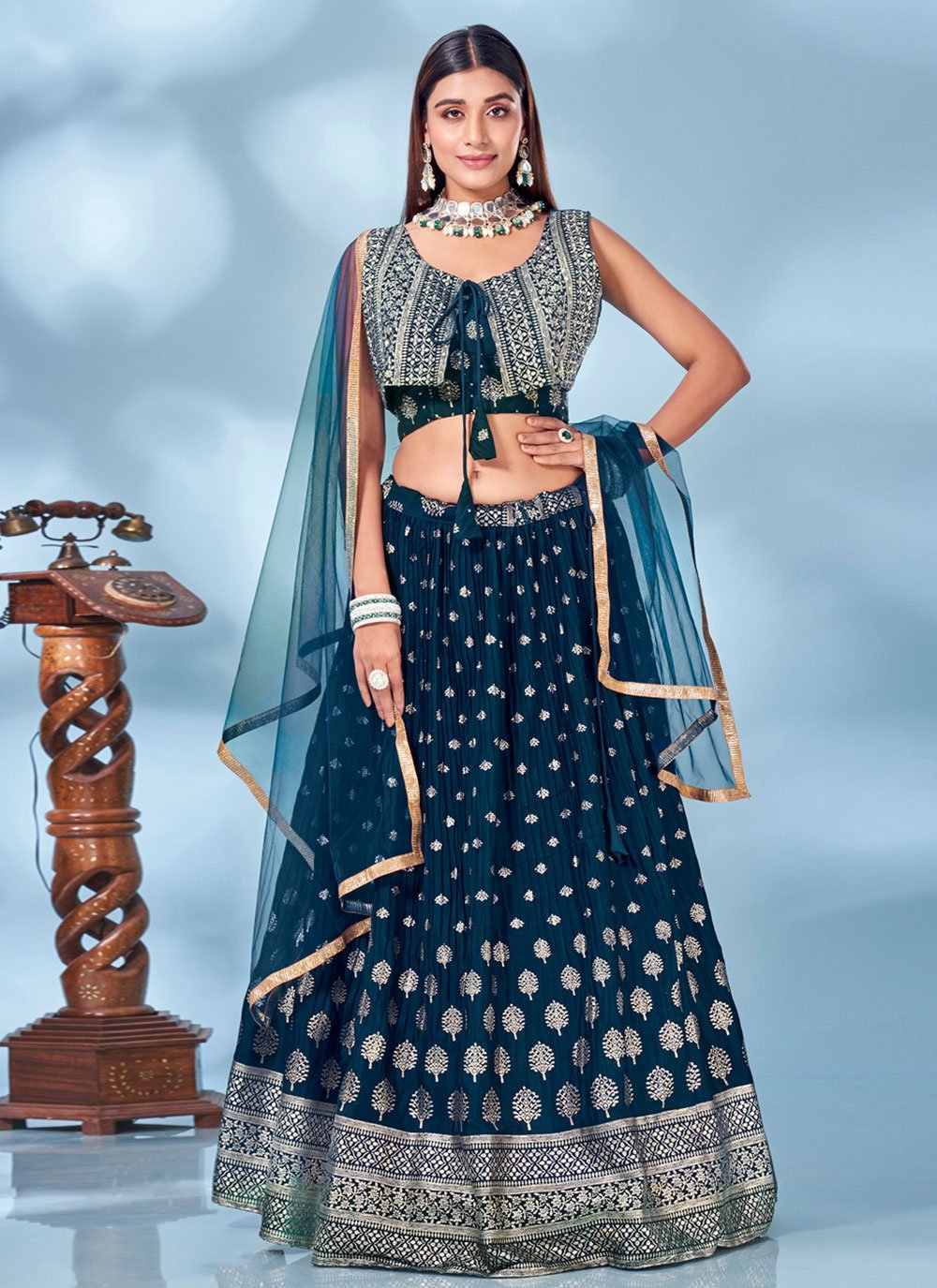 Readymade Lehenga Choli Chinon Blue Foil Print Lehenga Choli