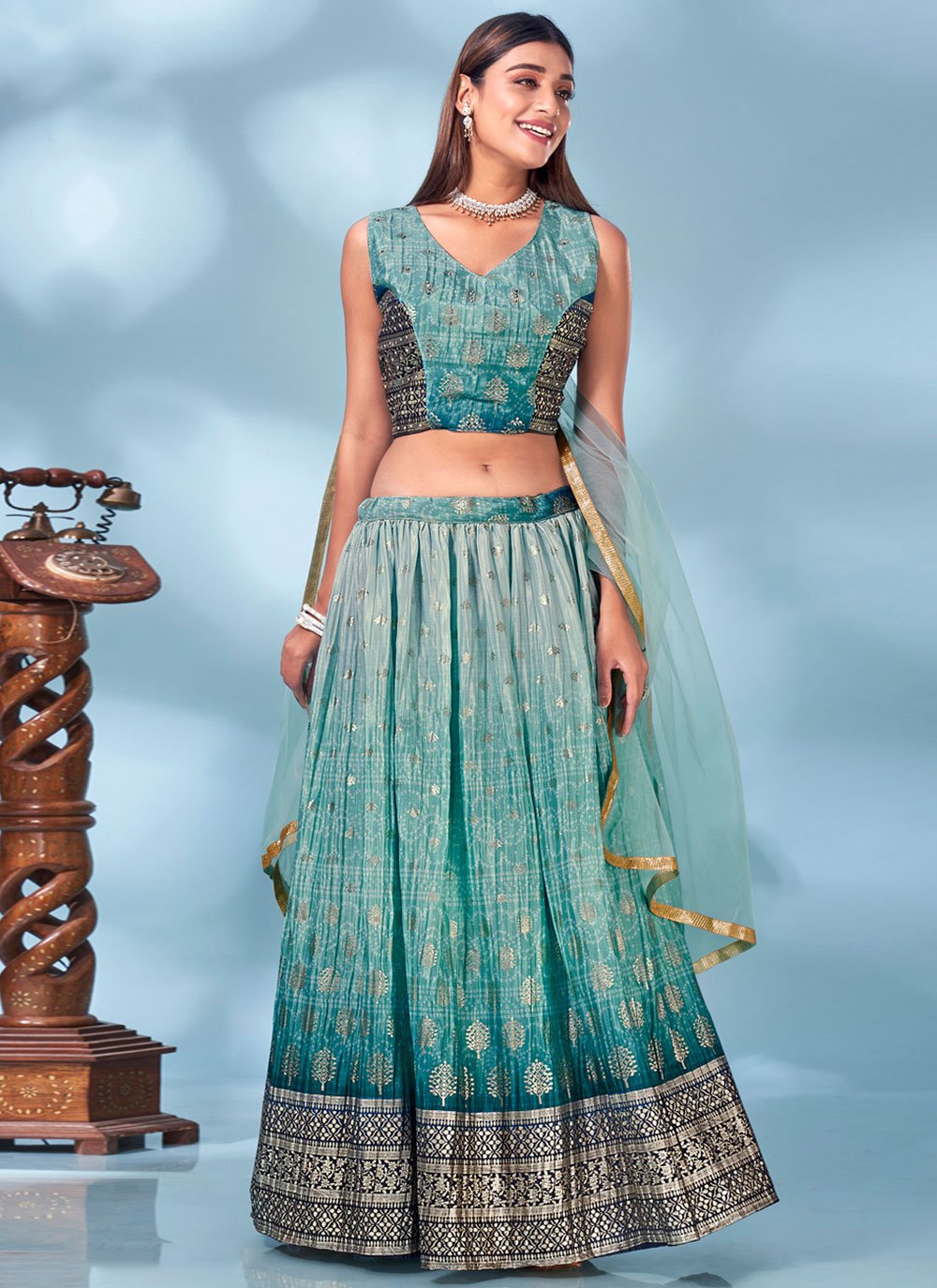 Readymade Lehenga Choli Chinon Teal Foil Print Lehenga Choli