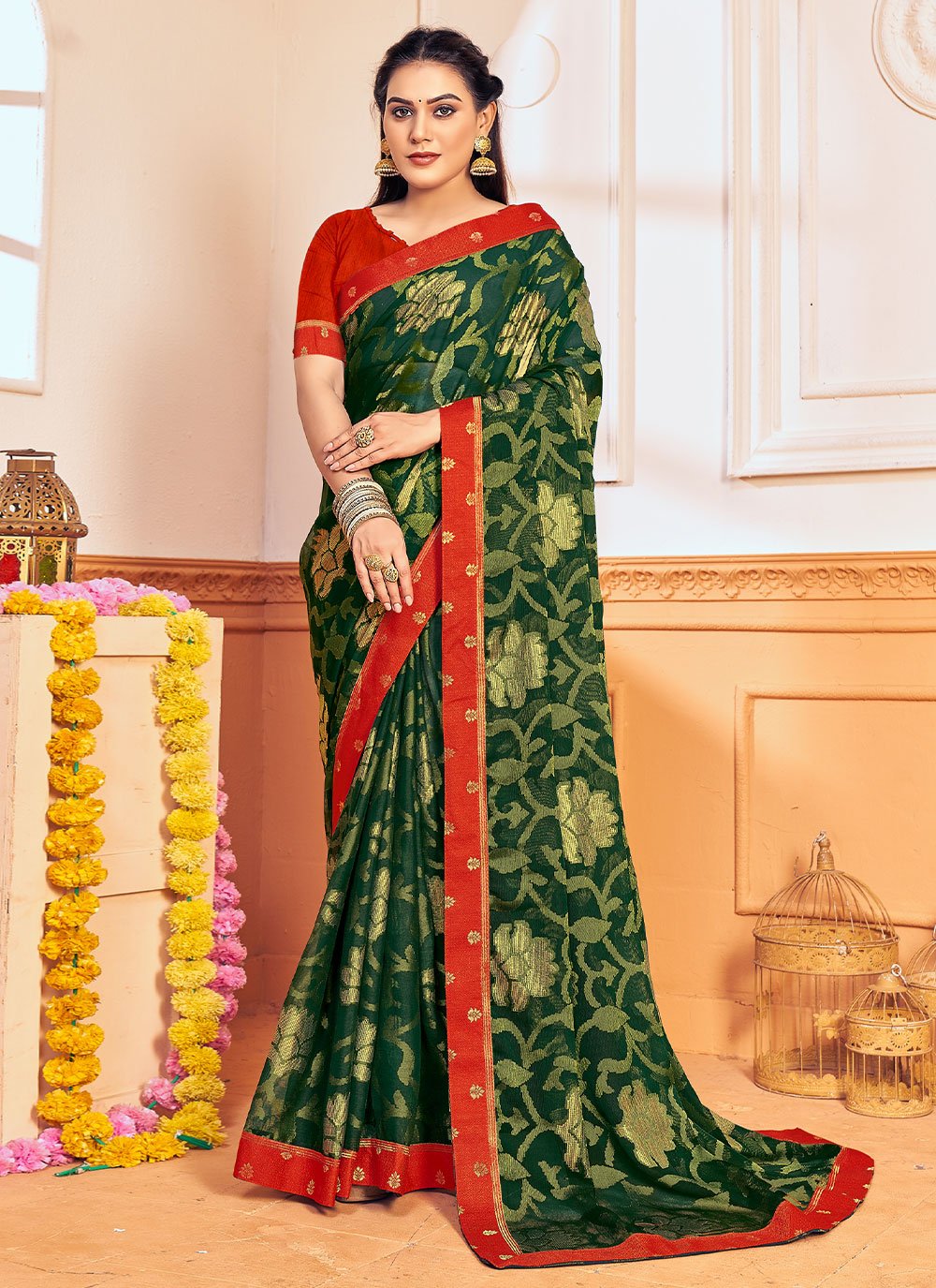 Classic Brasso Chiffon Green Foil Print Saree