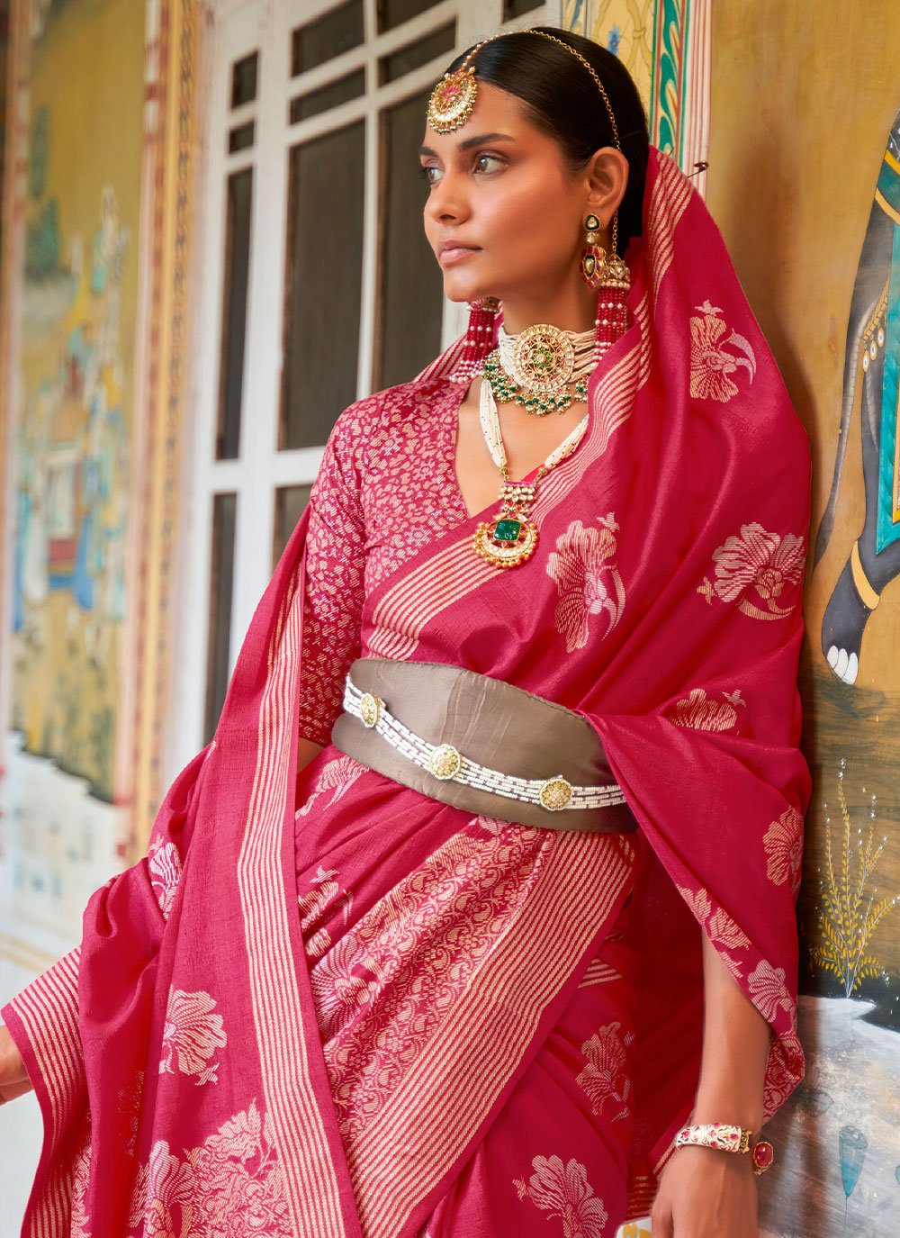 Classic Silk Pink Foil Print Saree