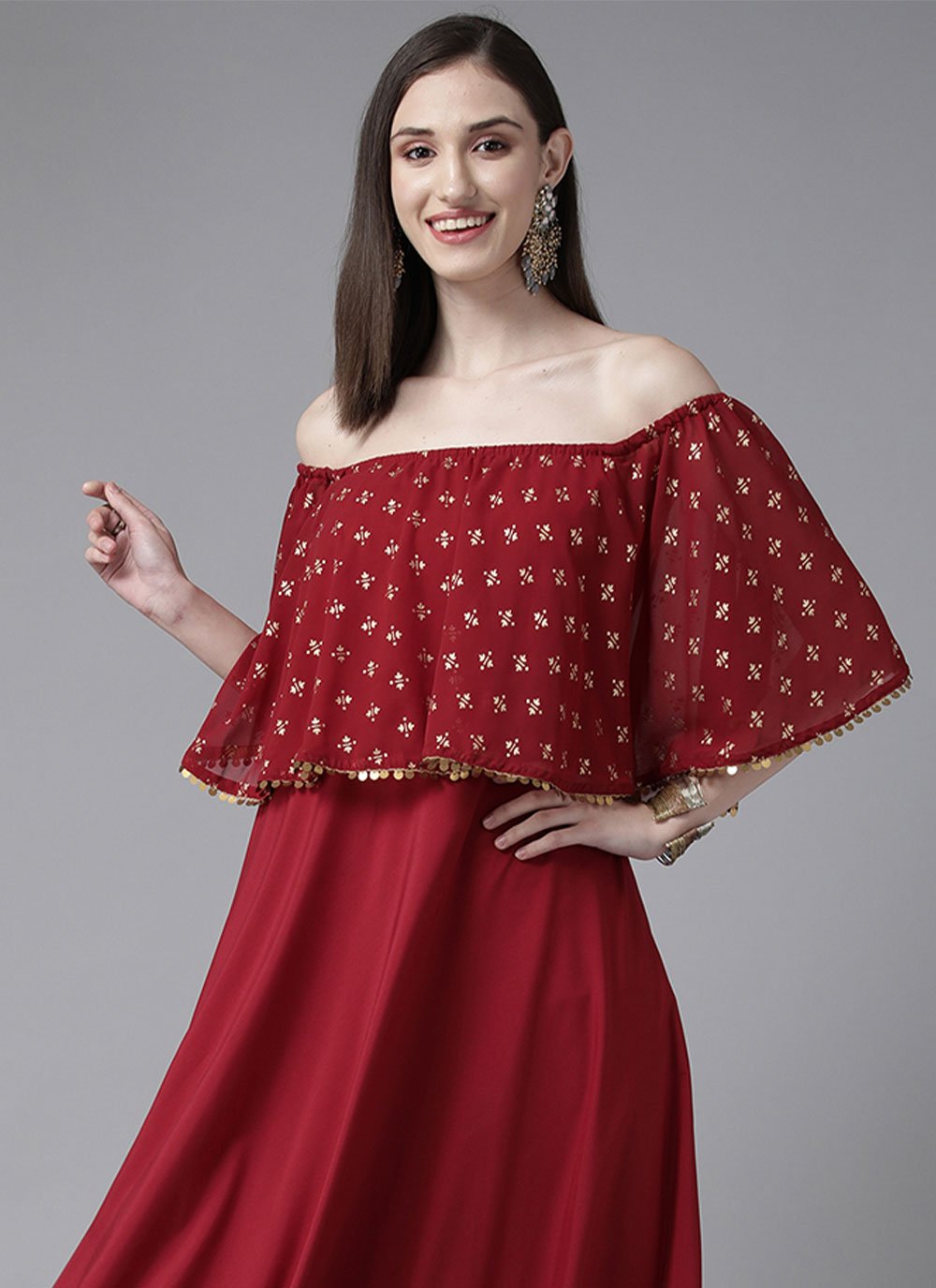 Designer Kurti Cotton Maroon Foil Print Kurtis