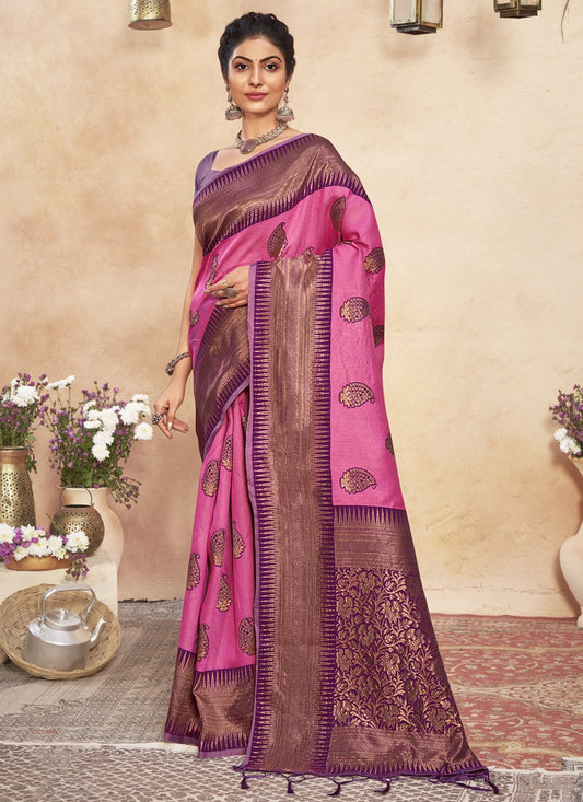 Designer Cotton Pink Foil Print Saree