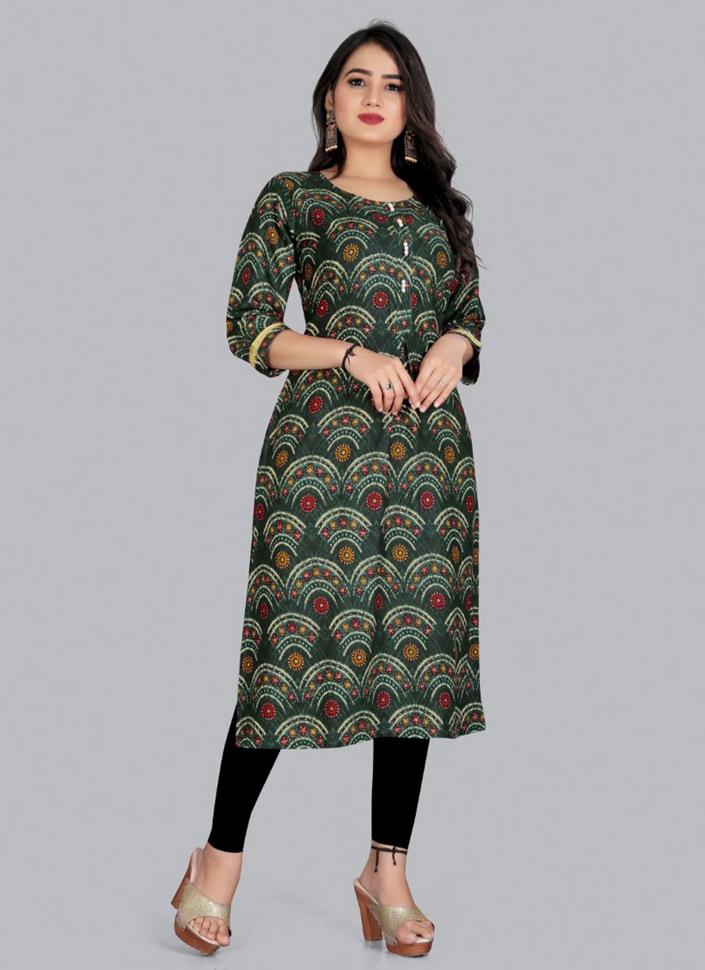 Designer Kurti Rayon Viscose Green Foil Print Kurtis