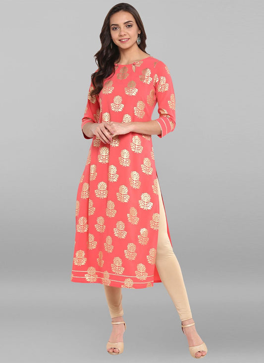 Designer Kurti Faux Crepe Peach Foil Print Kurtis