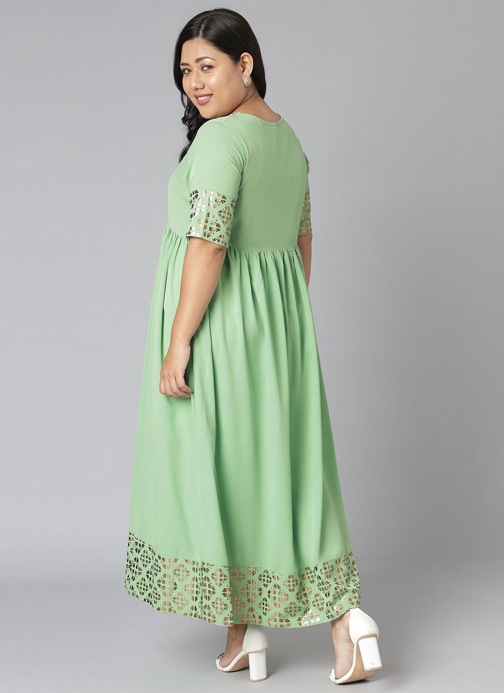 Designer Kurti Faux Crepe Green Foil Print Kurtis