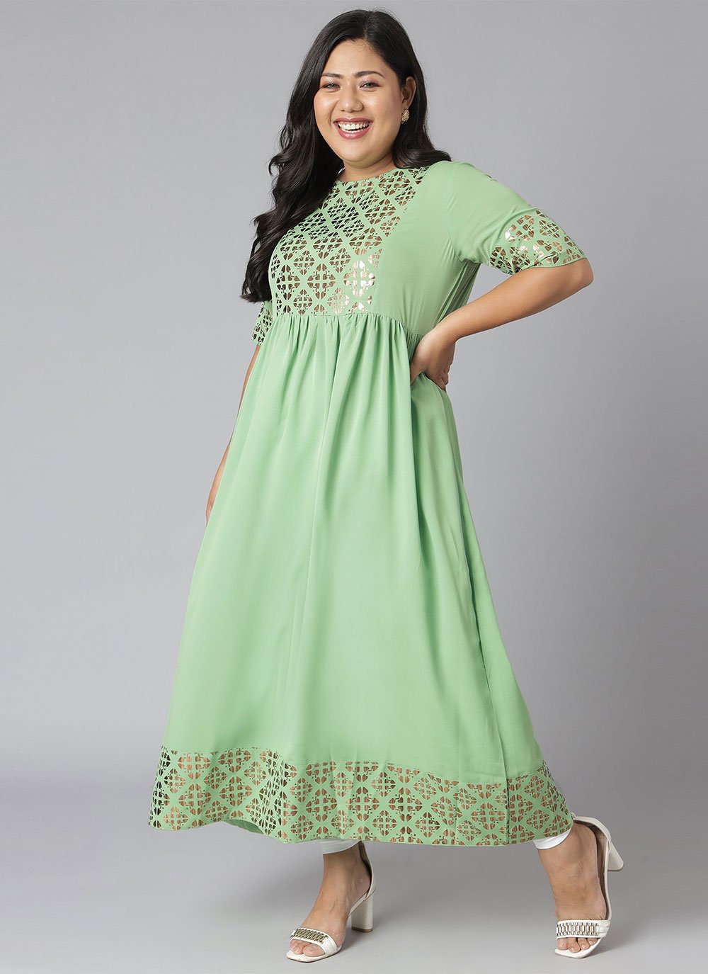 Designer Kurti Faux Crepe Green Foil Print Kurtis