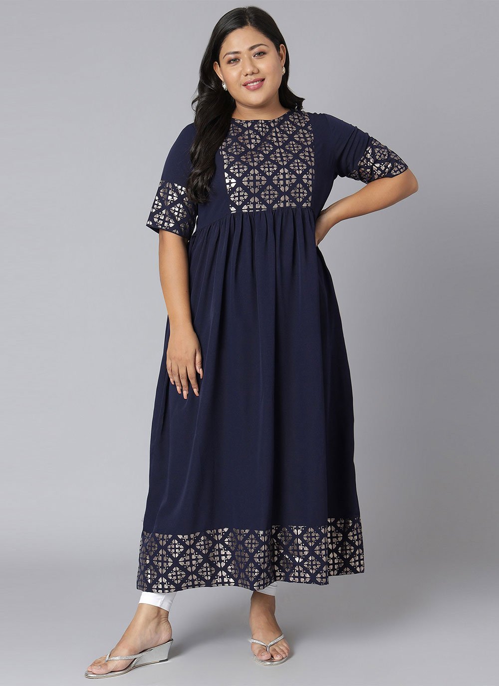 Party Wear Kurti Faux Crepe Blue Foil Print Kurtis