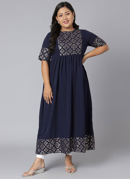 Party Wear Kurti Faux Crepe Blue Foil Print Kurtis