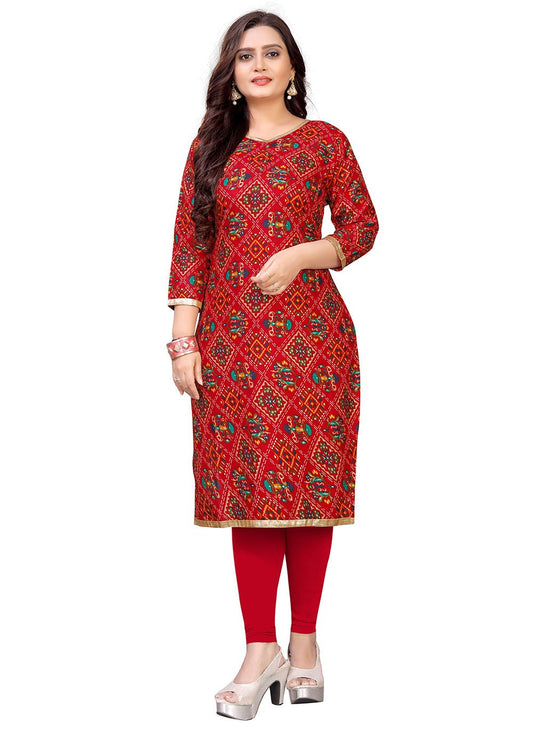 Casual Kurti Rayon Red Foil Print Kurtis