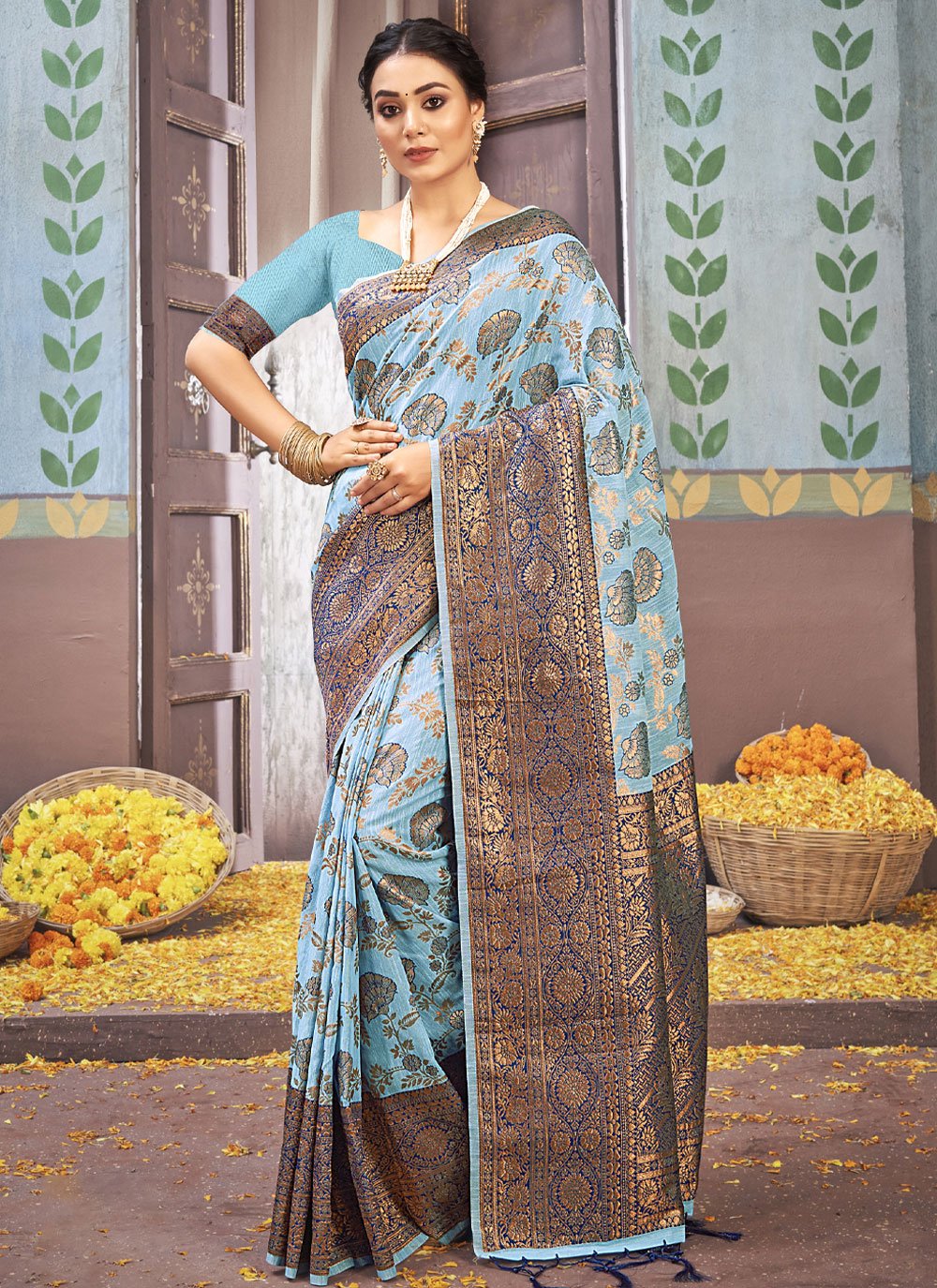 Classic Cotton Aqua Blue Foil Print Saree