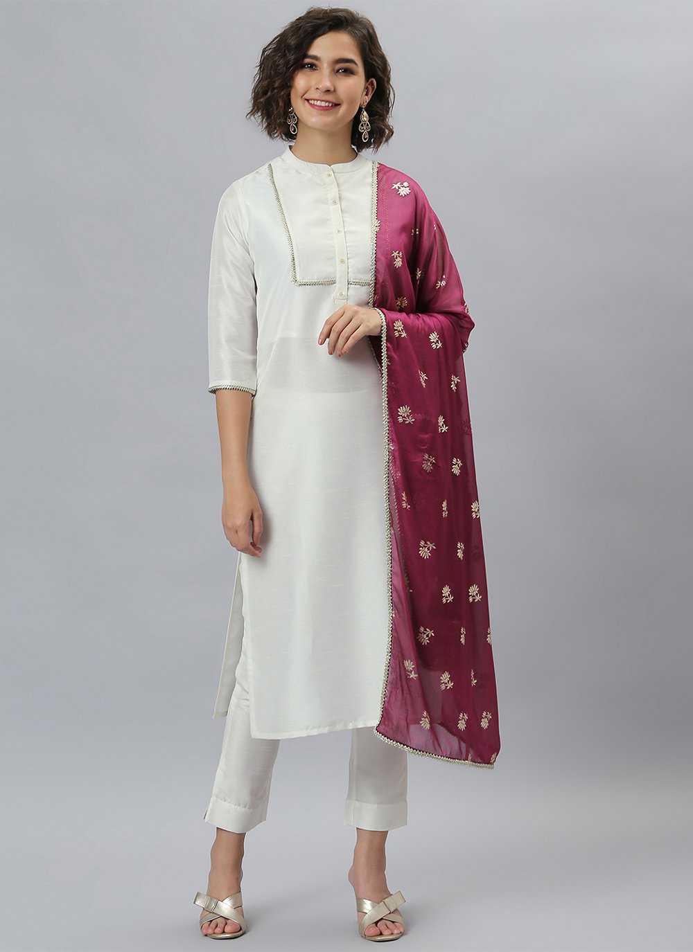 Pant Style Suit Poly Silk White Foil Print Salwar Kameez