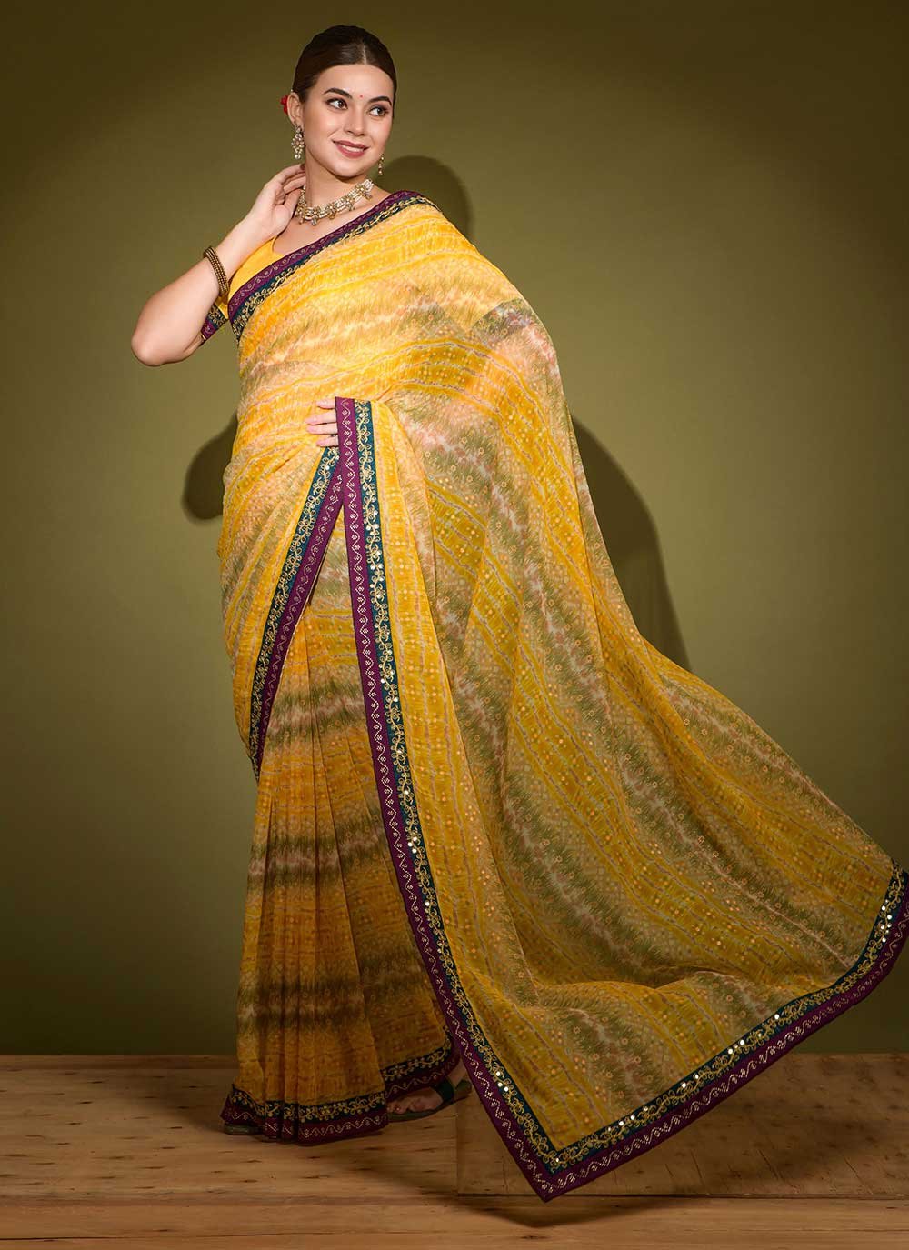 Classic Georgette Yellow Foil Print Saree