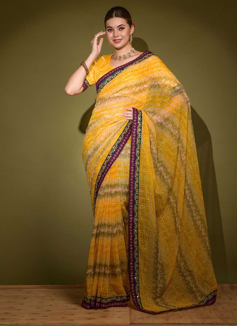 Classic Georgette Yellow Foil Print Saree