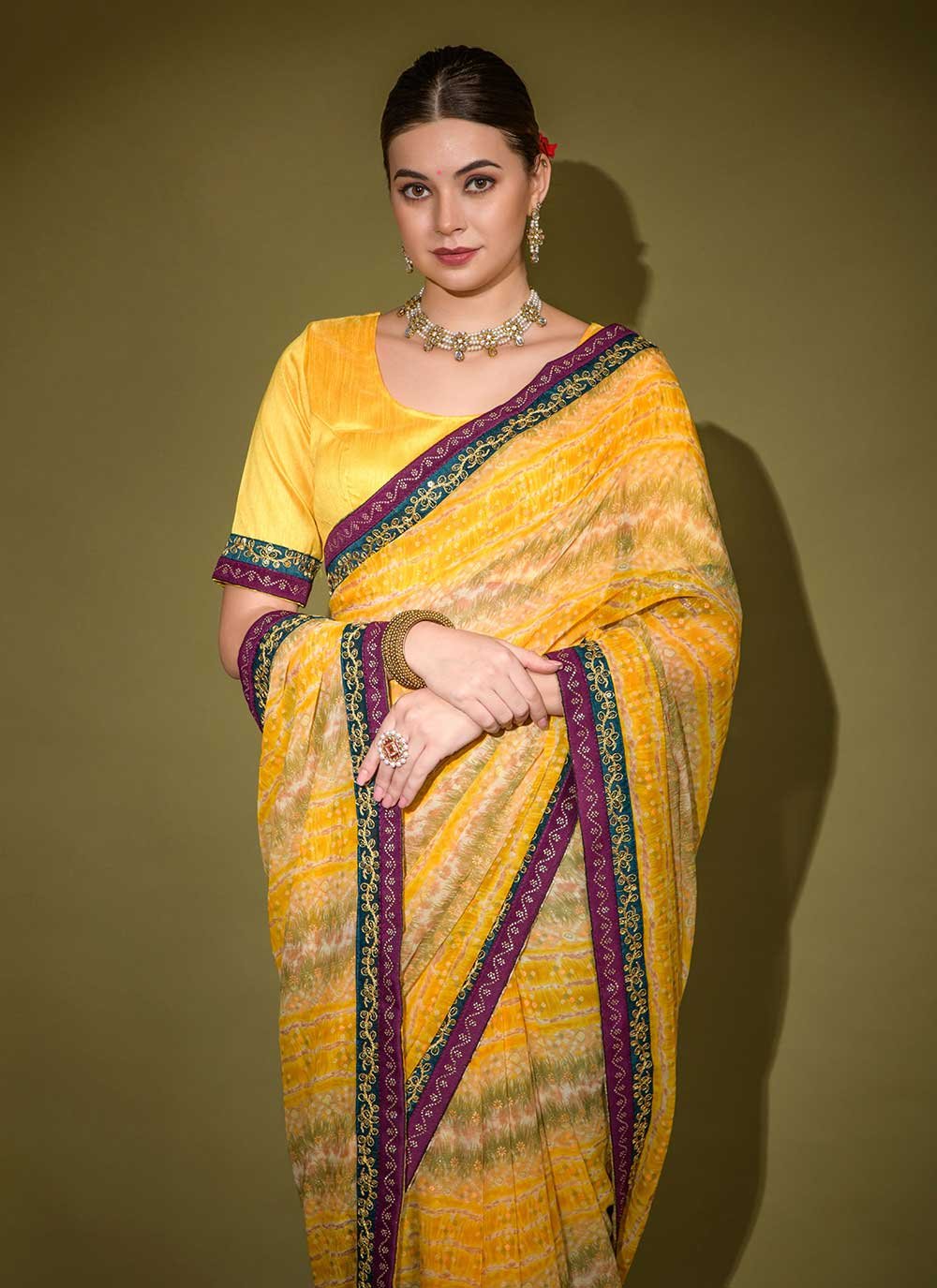 Classic Georgette Yellow Foil Print Saree