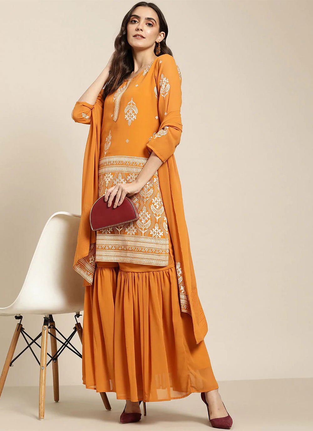 Pakistani Salwar Suit Georgette Orange Foil Print Salwar Kameez