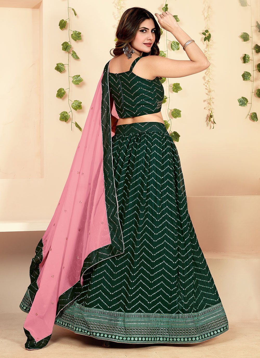 Lehenga Choli Georgette Green Foil Print Lehenga Choli