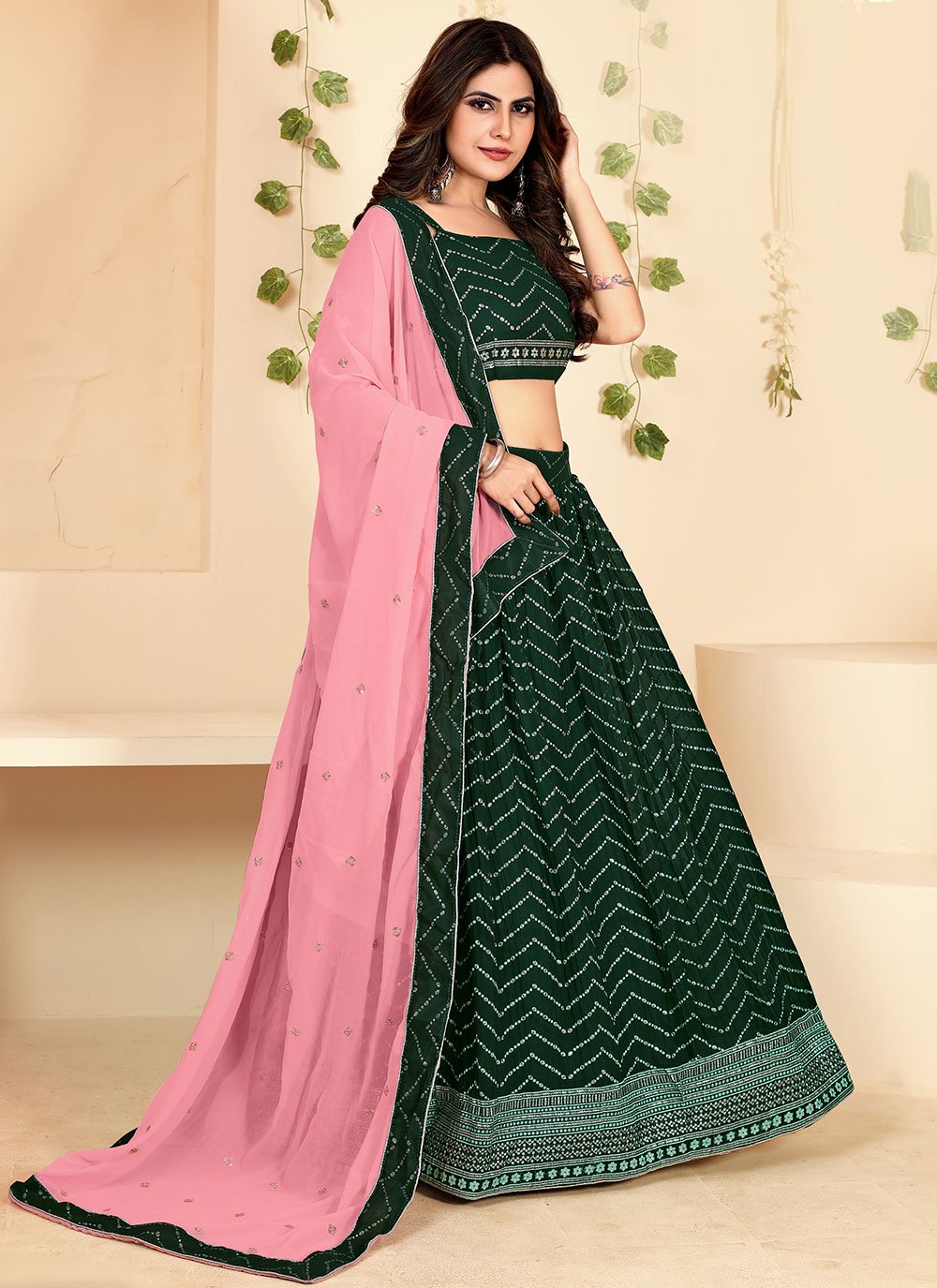 Lehenga Choli Georgette Green Foil Print Lehenga Choli