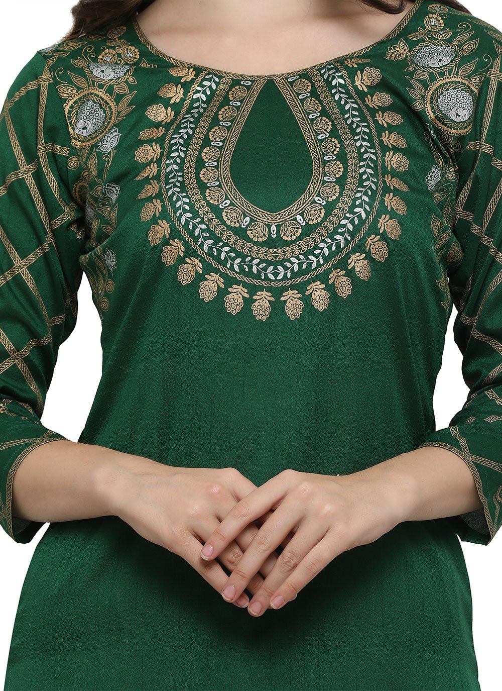 Designer Kurti Poly Silk Green Foil Print Kurtis