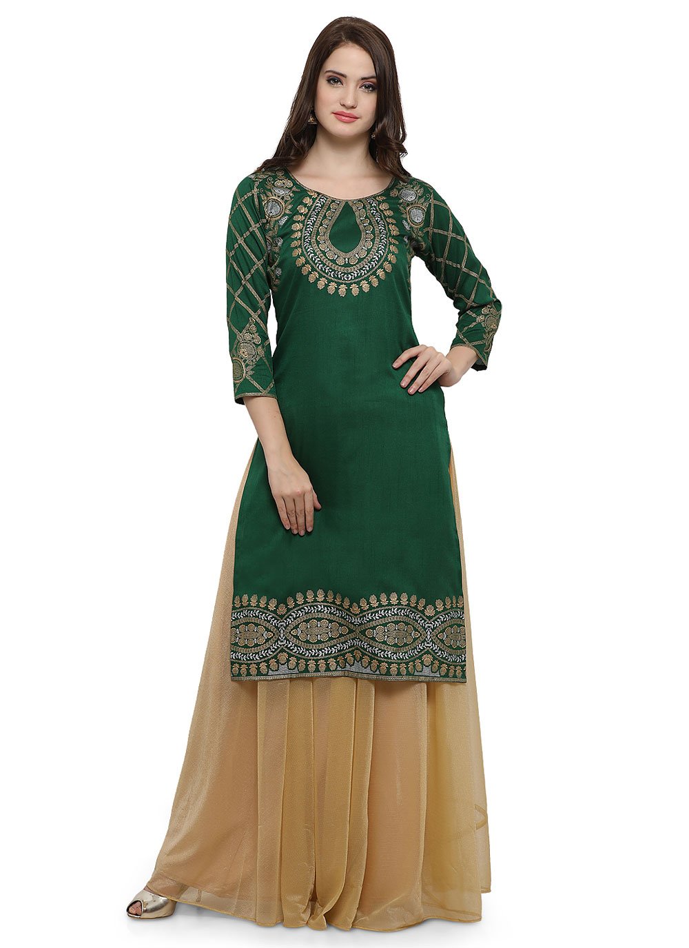 Designer Kurti Poly Silk Green Foil Print Kurtis