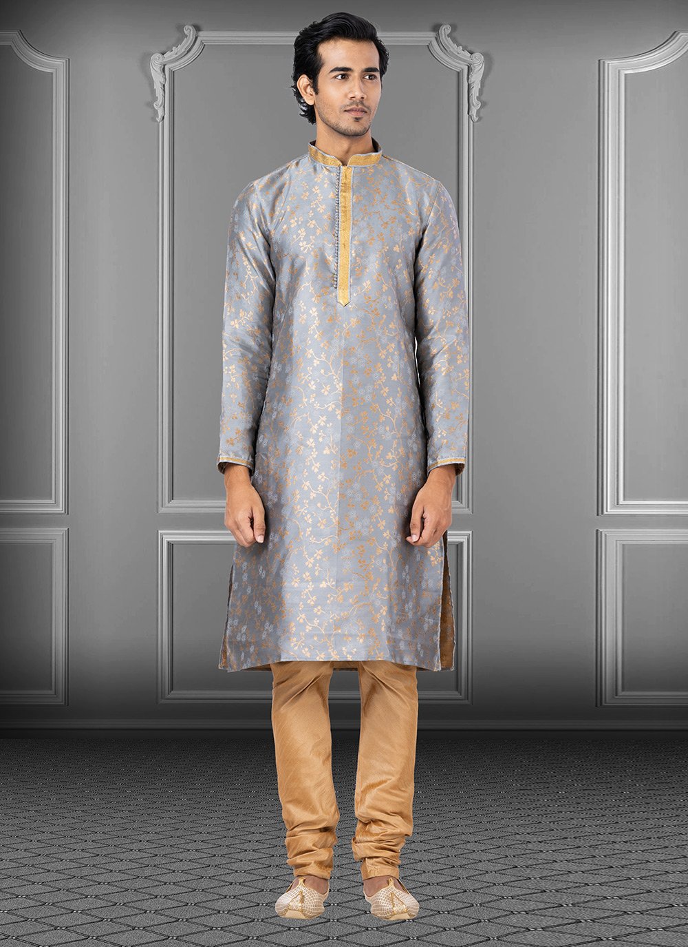 Kurta Pyjama Jacquard Grey Foil Print Mens