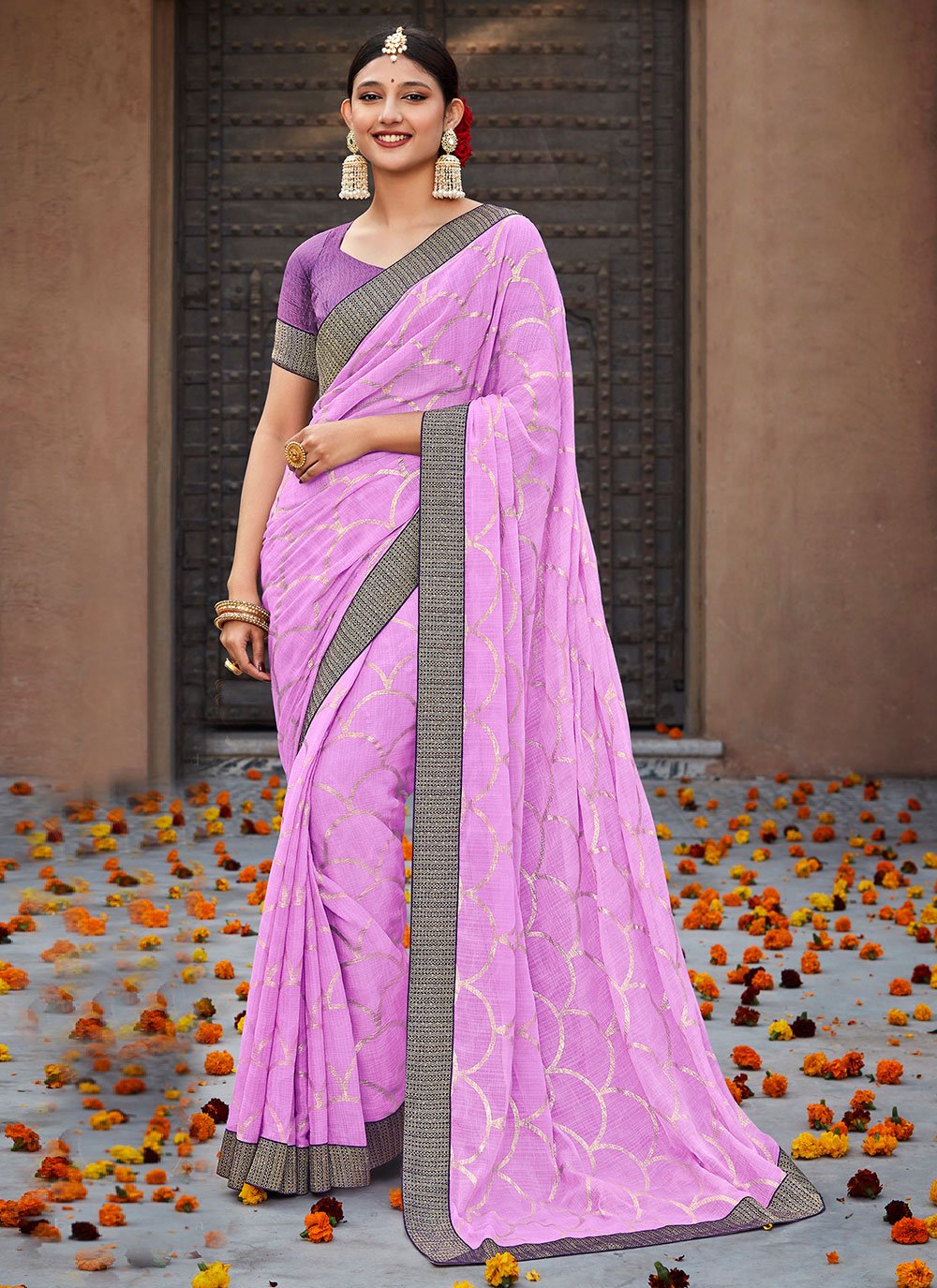 Classic Georgette Lavender Fancy Work Saree