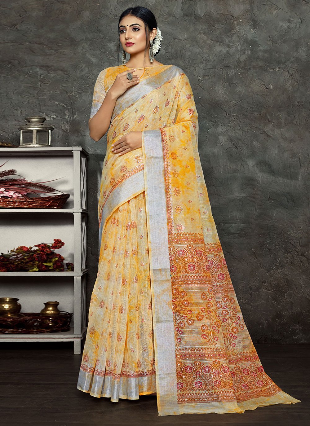 Contemporary Cotton Linen Yellow Foil Print Saree