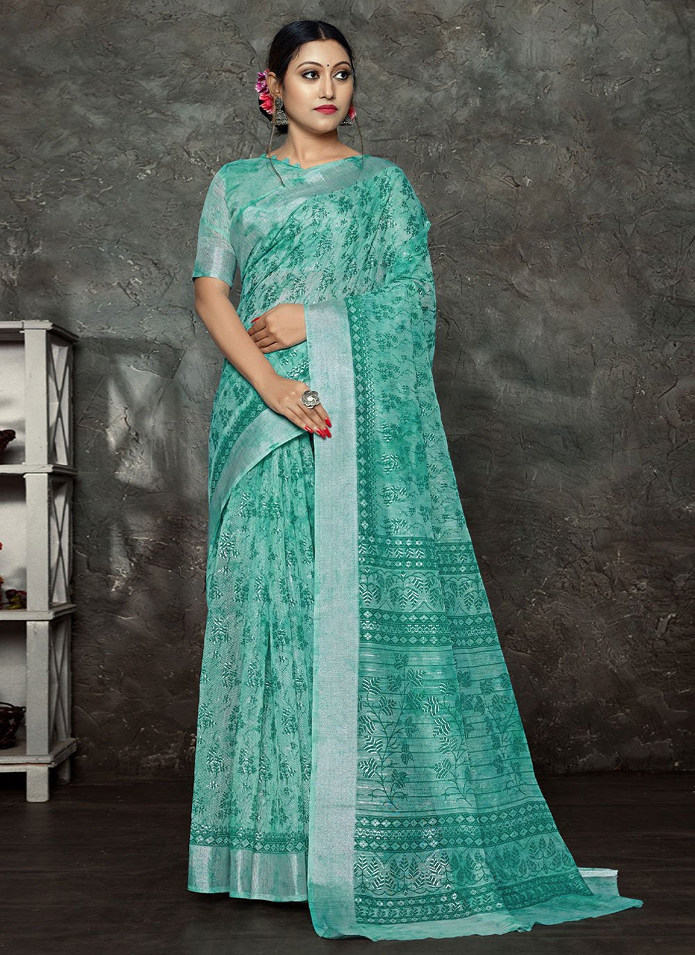 Trendy Saree Cotton Linen Sea Green Foil Print Saree