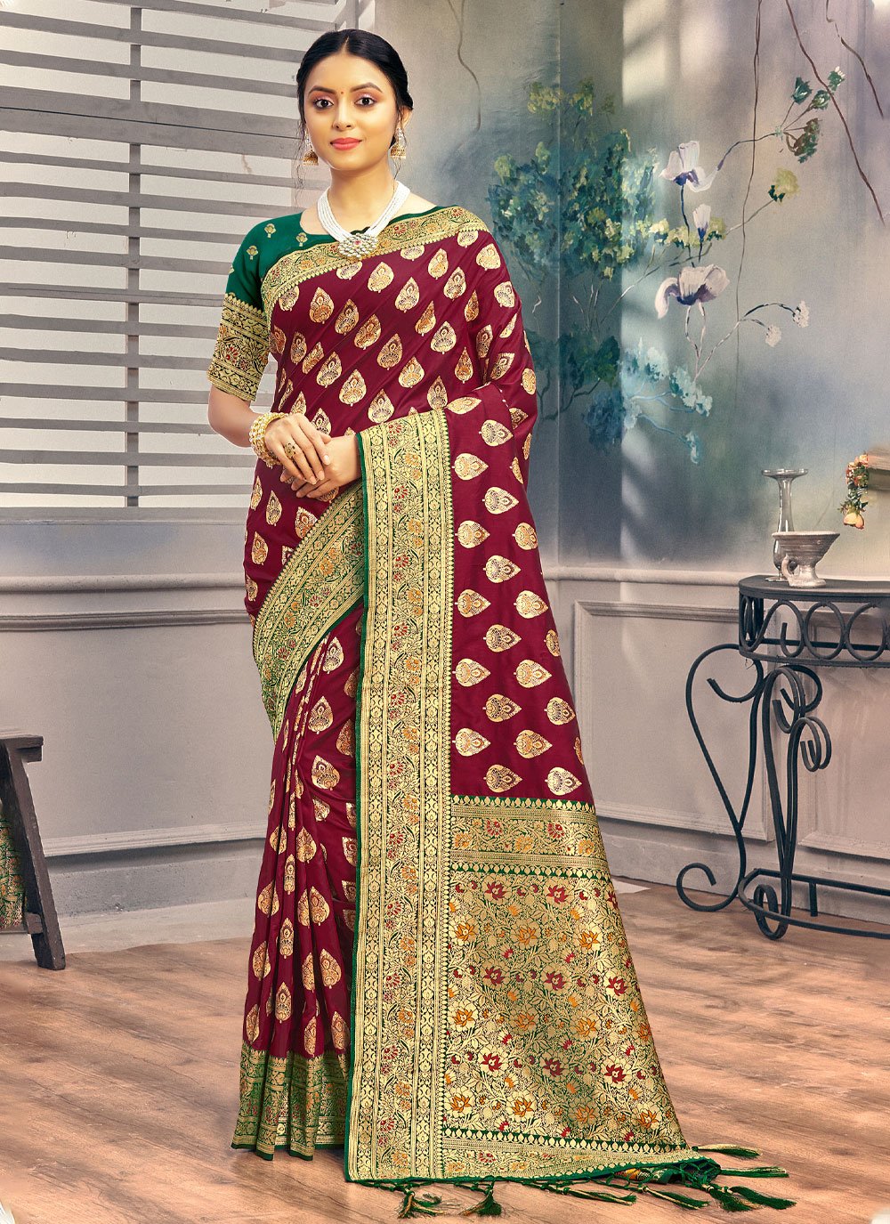 Classic Banarasi Silk Maroon Foil Print Saree