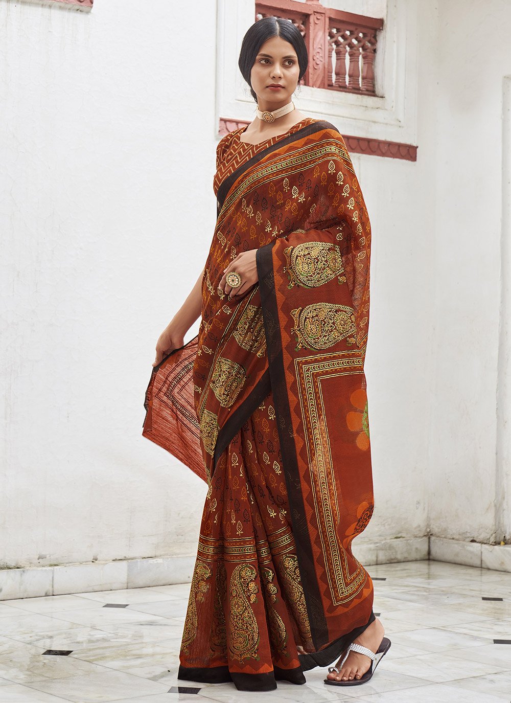 Casual Cotton Brown Foil Print Saree