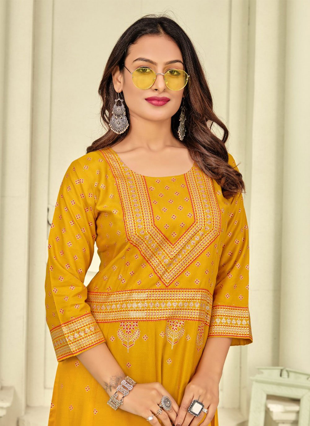 Designer Kurti Rayon Mustard Foil Print Kurtis