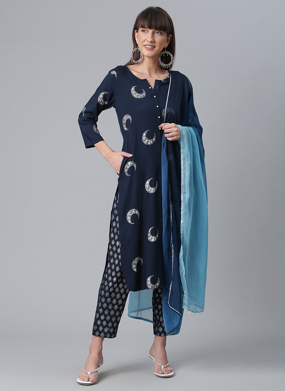 Salwar Suit Rayon Blue Foil Print Salwar Kameez