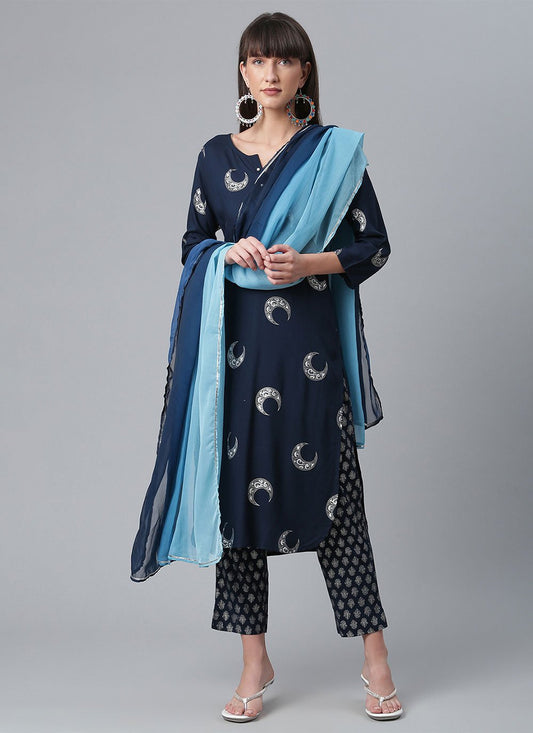 Salwar Suit Rayon Blue Foil Print Salwar Kameez