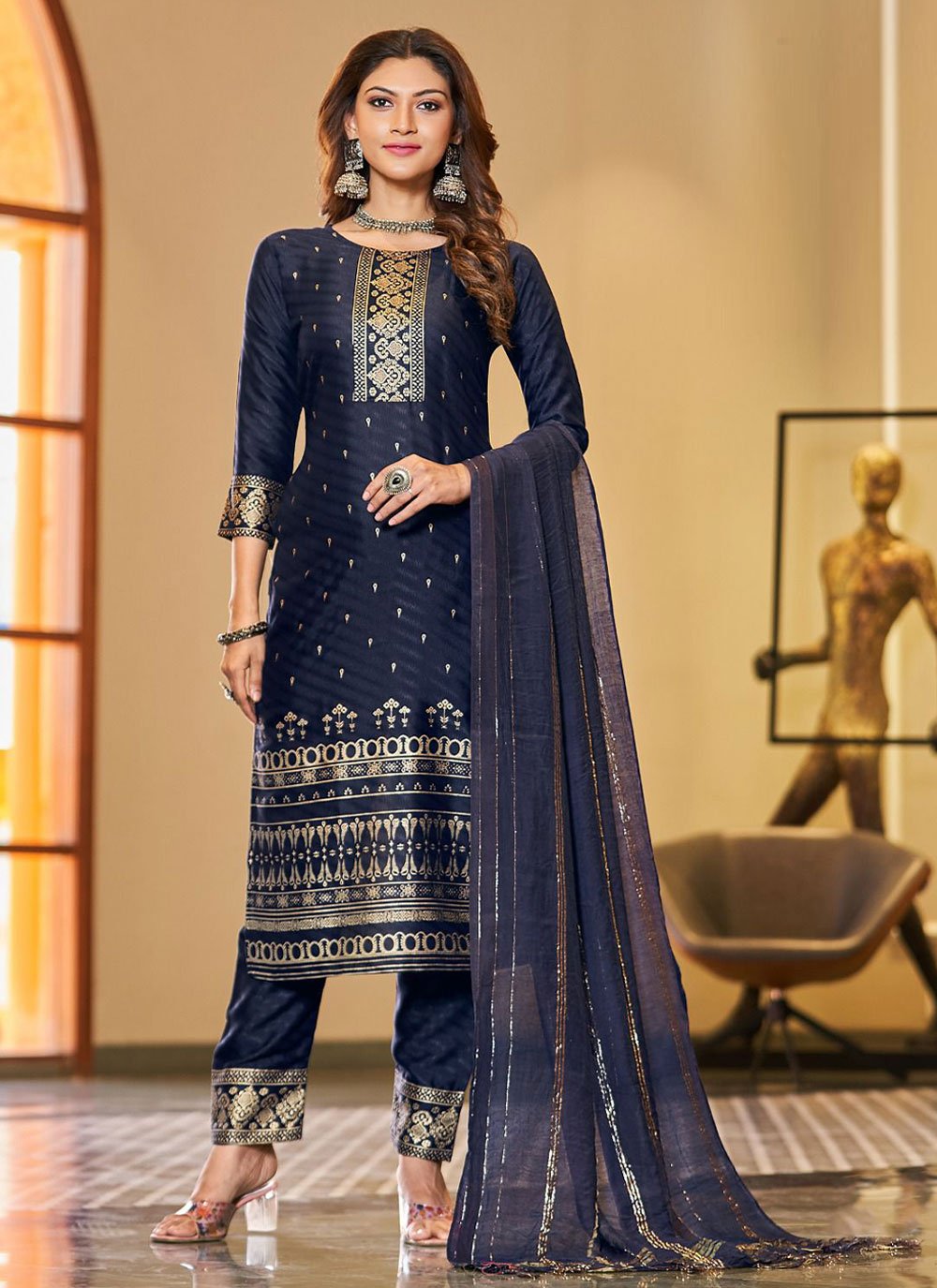 Salwar Suit Art Silk Blue Foil Print Salwar Kameez