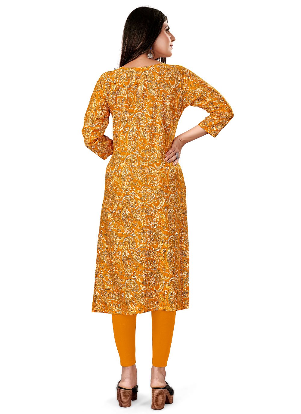 Designer Kurti Rayon Viscose Orange Foil Print Kurtis