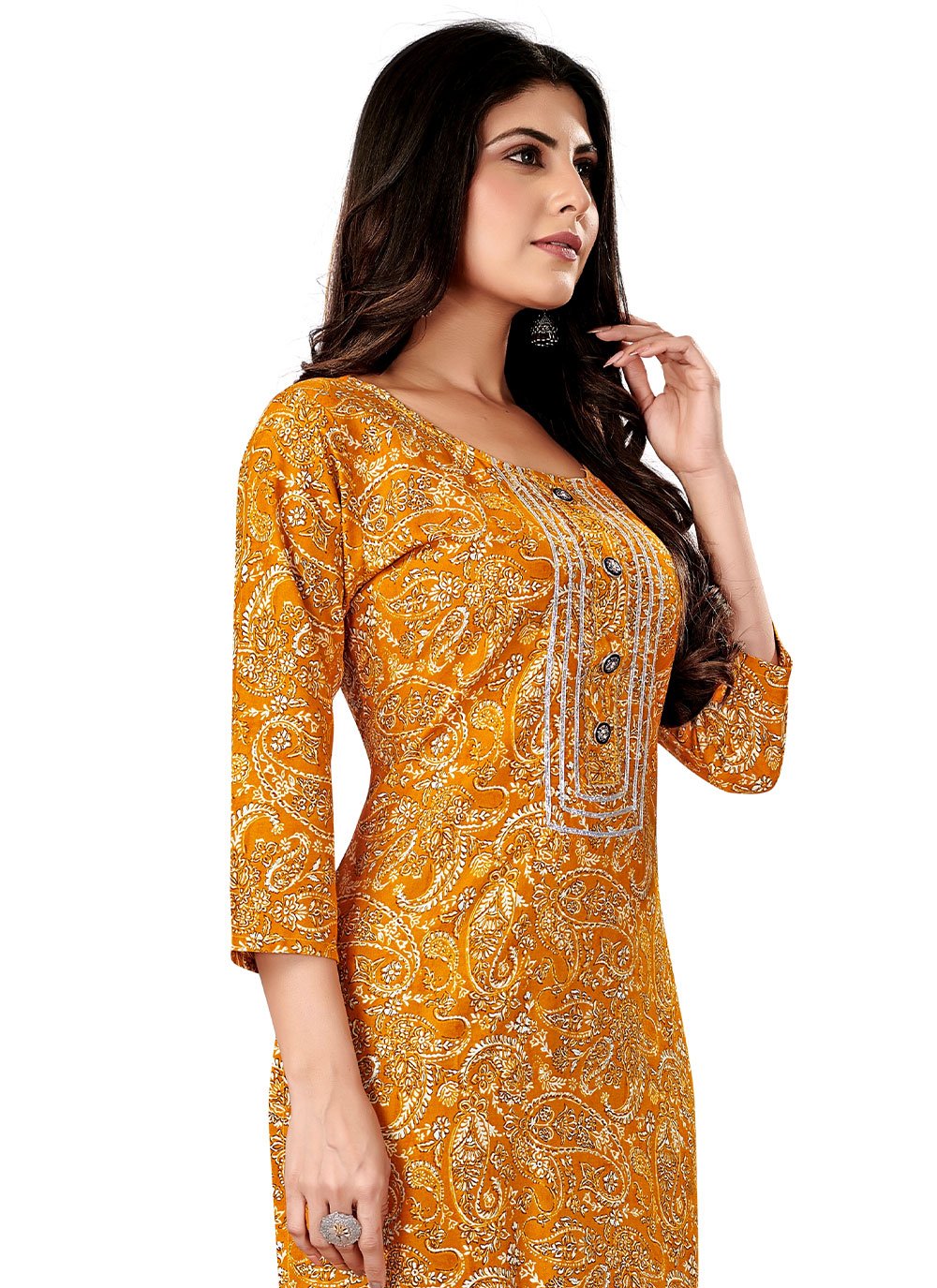 Designer Kurti Rayon Viscose Orange Foil Print Kurtis