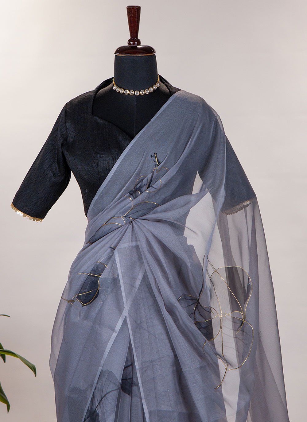 Contemporary Organza Grey Floral Patch Saree