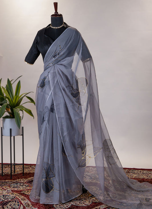 Contemporary Organza Grey Floral Patch Saree