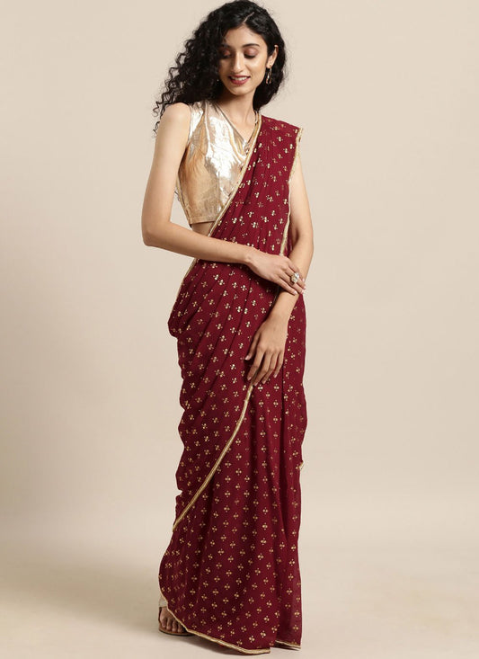 Classic Georgette Maroon Foil Print Saree