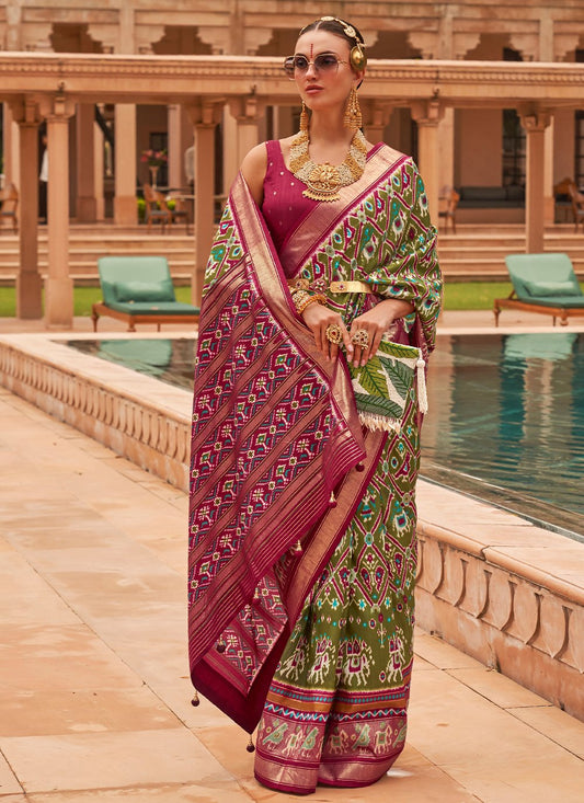 Classic Patola Silk Green Foil Print Saree