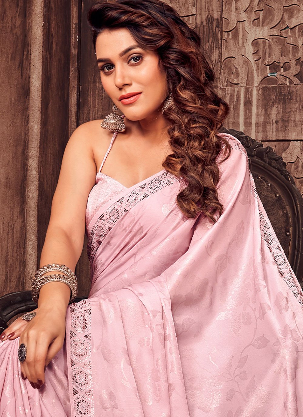 Designer Satin Silk Pink Foil Print Saree