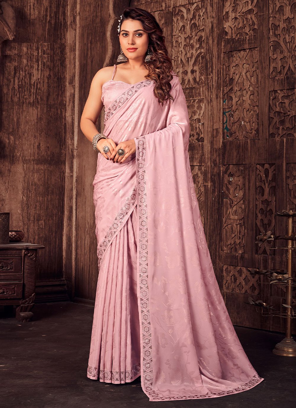 Designer Satin Silk Pink Foil Print Saree