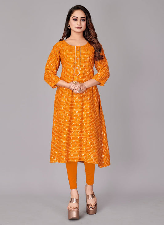 Casual Kurti Rayon Viscose Orange Foil Print Kurtis