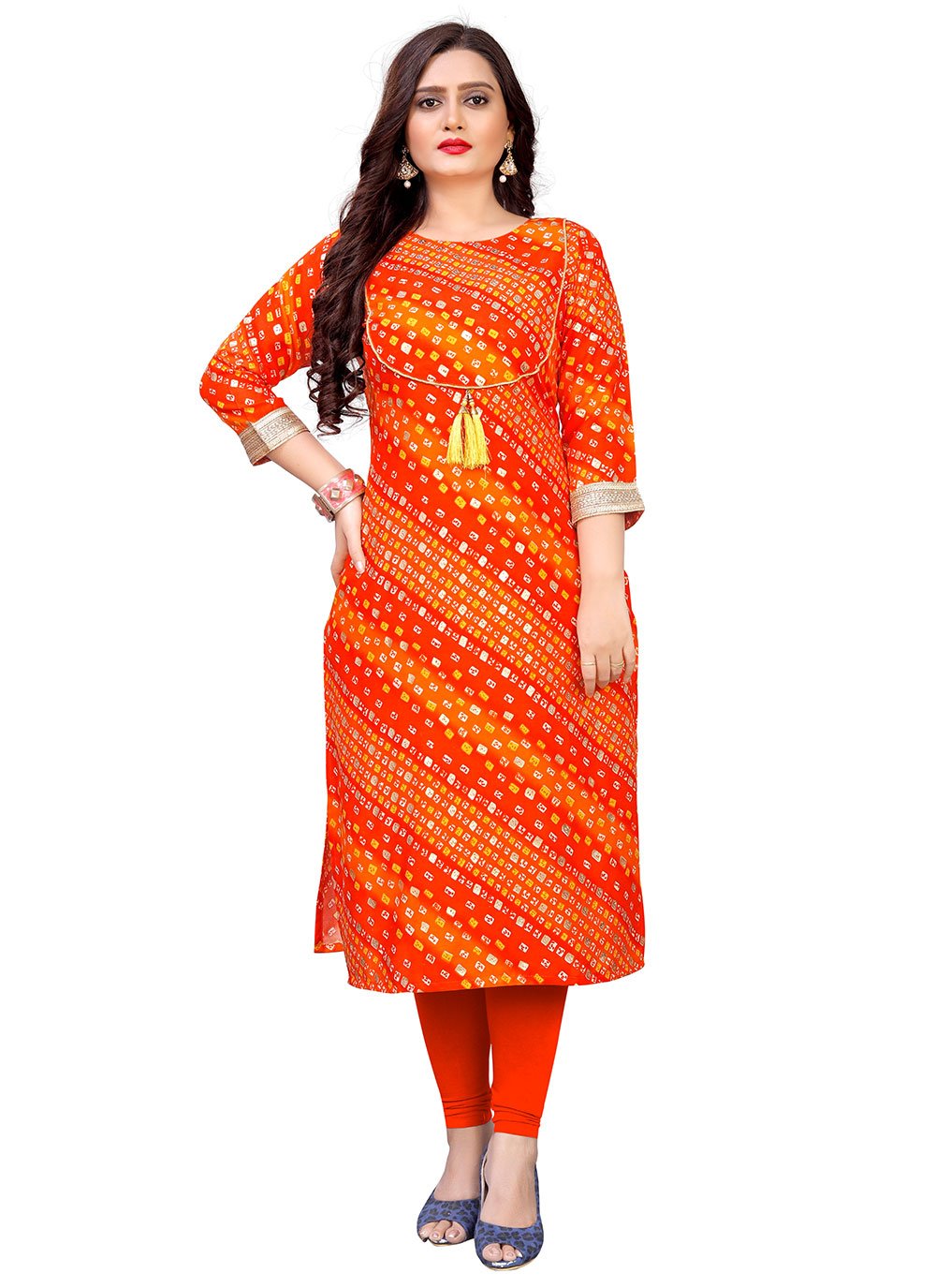 Casual Kurti Rayon Orange Foil Print Kurtis