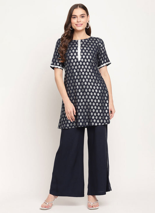 Designer Kurti Rayon Black Foil Print Kurtis