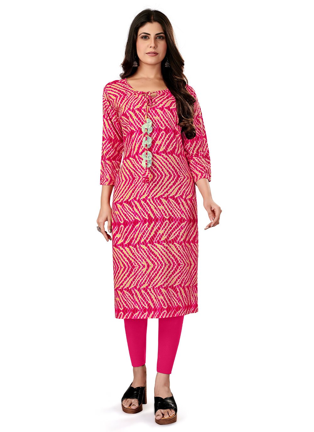 Designer Kurti Rayon Viscose Pink Foil Print Kurtis