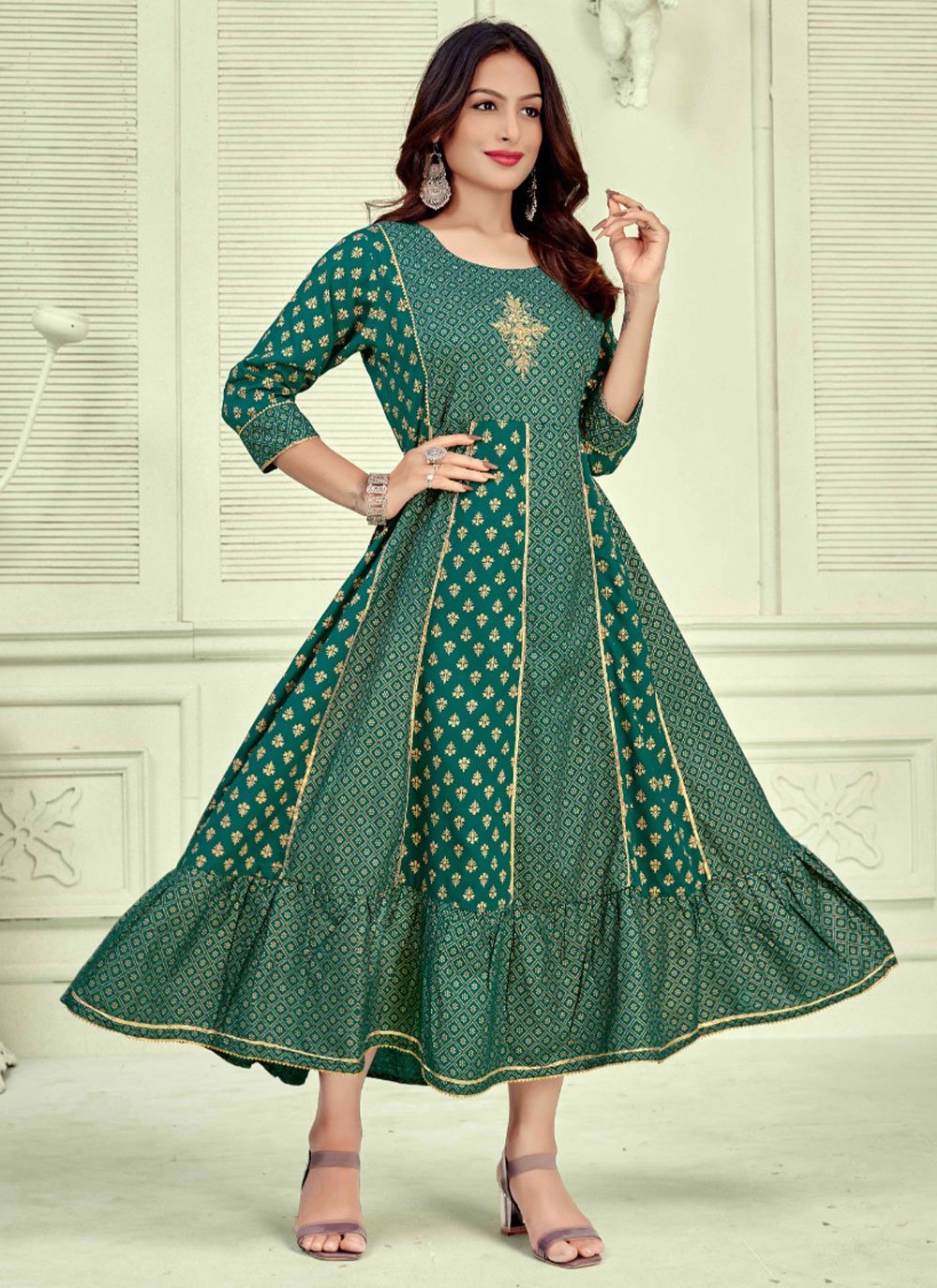 Gown Rayon Green Foil Print Gown